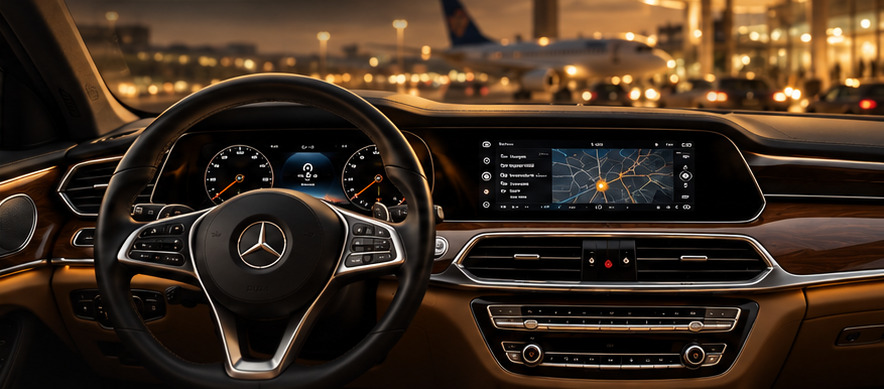 Driver's view of a luxury car cabin at night with the airport ahead