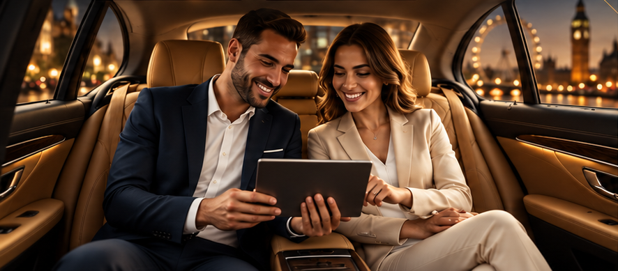 A couple in the back of a chauffeur car checking their booking on a tablet