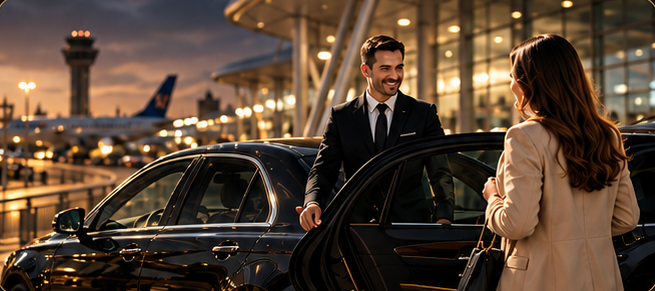 Chauffeur opening the car door for a passenger at an airport at dusk