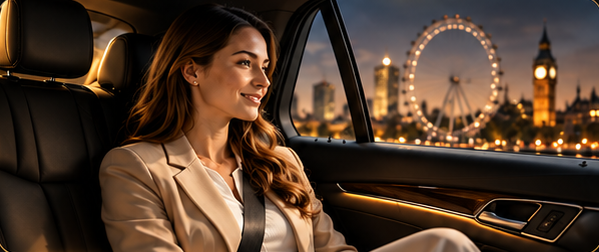 Passenger relaxing in the back of a clean chauffeur car